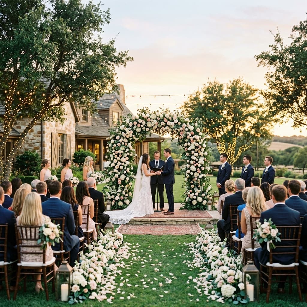 Outdoor garden wedding ceremony with pink floral arches at Green Valley Farmhouse